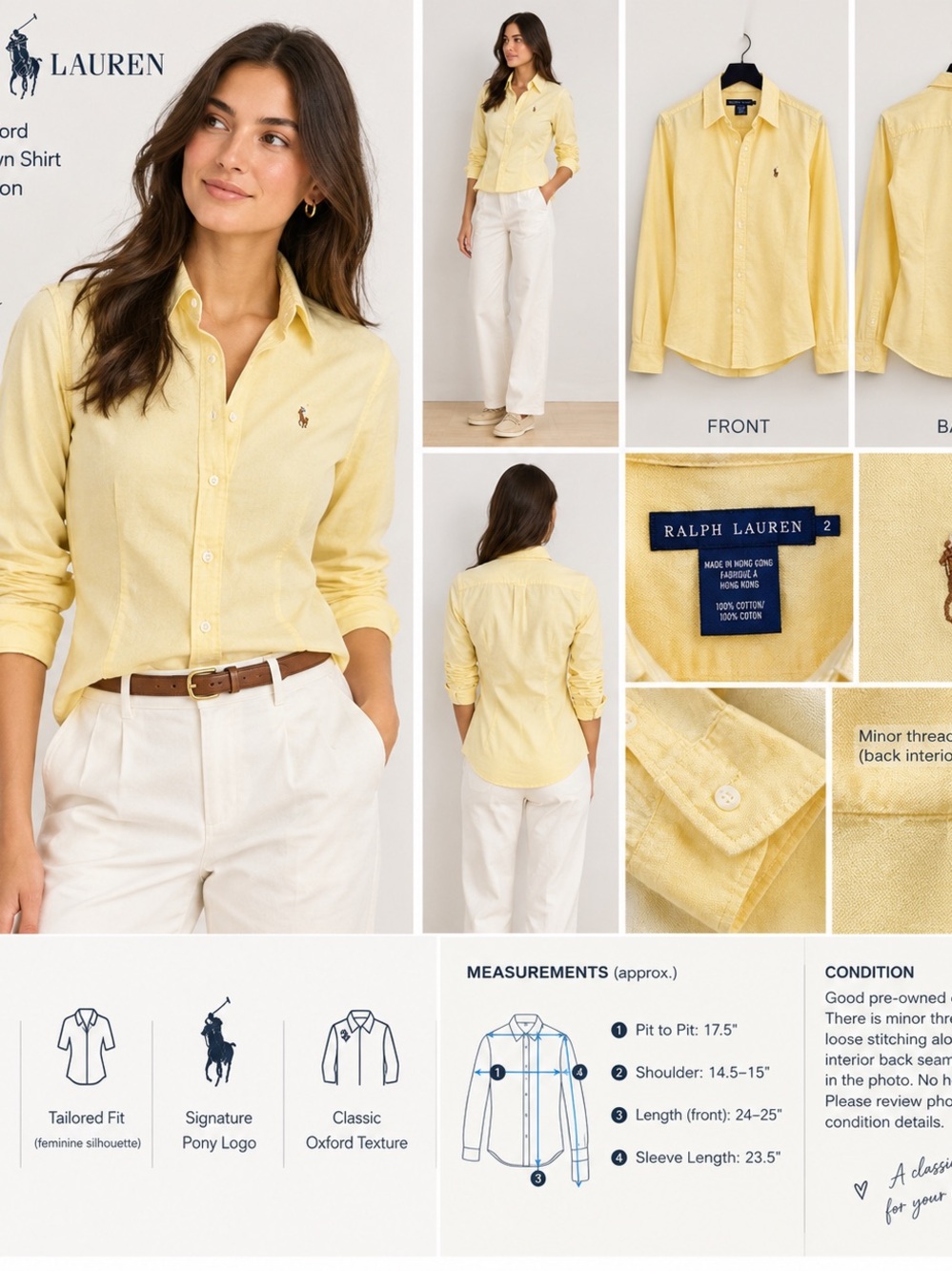 Ralph Lauren Yellow 100% Cotton Oxford Button Down Shirt Size 2